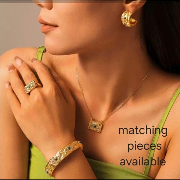 New ANTHRO Malachite 18k Gold Ss Evil Eye Protection Bangle Bracelet - Picture 10 of 12